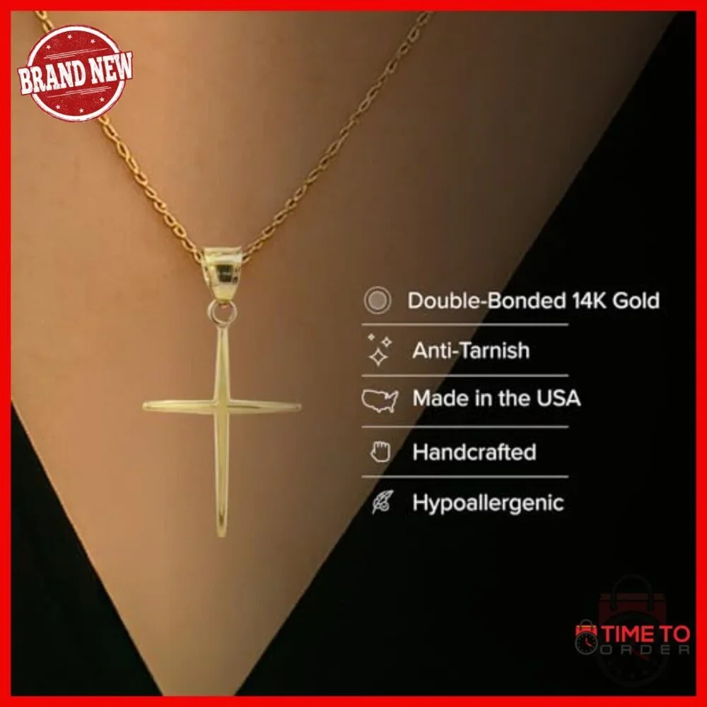 14K Gold Slim Cross Pendant for Necklace, Handcrafted Religious Jewelry